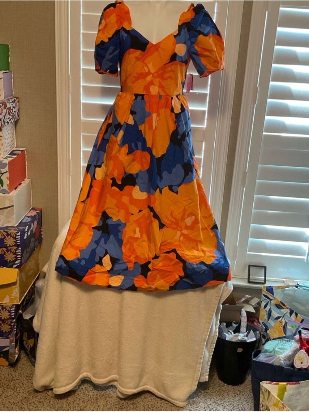 Backless Puff-Sleeve Floral Midi Dress - Orange & Blue